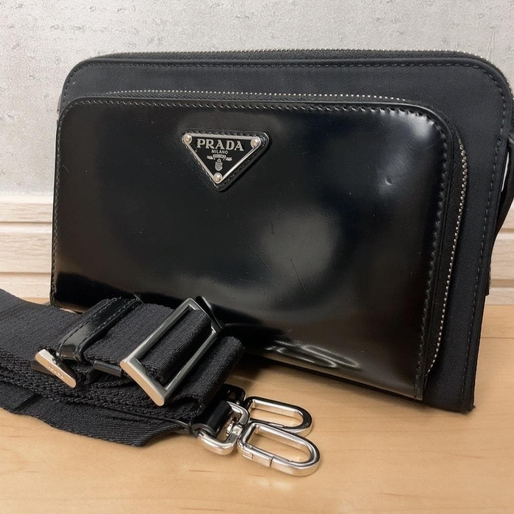 PRADA Re Brushed Leather Shoulder Bag Body Black Triangle Plate